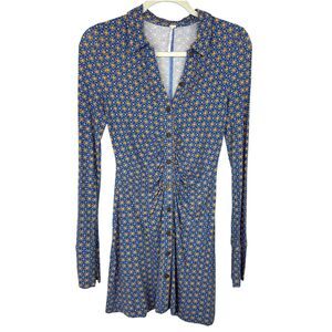Free People Blue & peach patterned cinched long sleeve button dress Size Small
